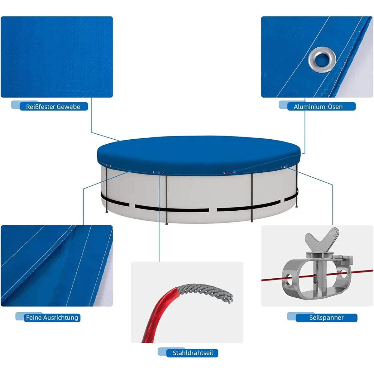 Zwembadzeil Van 200 G/m² PE, Zwembadzeil Met Ogen, Staalkabel, Aluminium Sluiting, Blauw, Φ 360 Cm